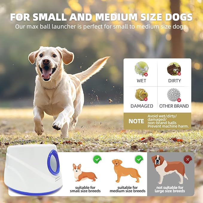 Automatic Dog Ball Launcher-Small Silent Dog Ball Thrower, 3 Adjustable Distances (20ft/33ft/46ft), Rechargable,Includes 3 Durable 2.3" Balls for Small/Medium Dogs (Blue, Medium)