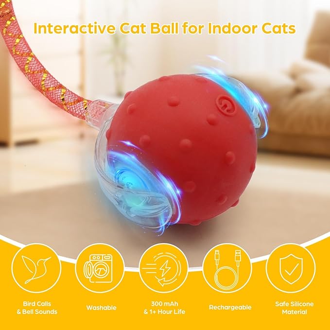 Interactive Cat Toys, Automatic Moving Cats Toy with Elastic Mesh Bell Tail, Rechargeable Cat Ball for Bored Indoor Adult Cats, Energetic-cat (Red)