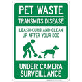 Pet Waste Leash-Curb and Clean Up After Your Dog Under Camera Surveillance Sign, 10x14 Inches, 55 mil Thick HDPS (high Density polystyrene), Made in USA