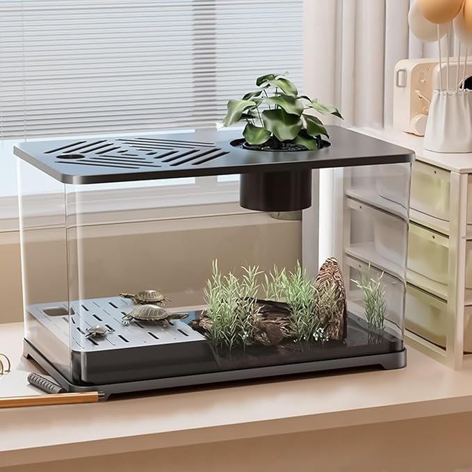 Aquarium Tank – Fish Tank Starter Kit | Modern Clear Panoramic Aquarium Container with Resting Area for Turtle, Betta, Guppy, Shrimp, Jellyfish, Stylish Indoor Water Habitat for Home Office Apartment