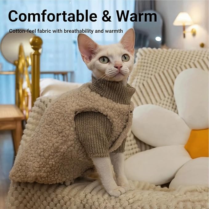 Cat Costume & Puppy Clothes 2-Piece Set, Soft Warm Lamb-Fleece Jacket & Breathable Knit Sweater for Small Dogs & Kittens, Size Large