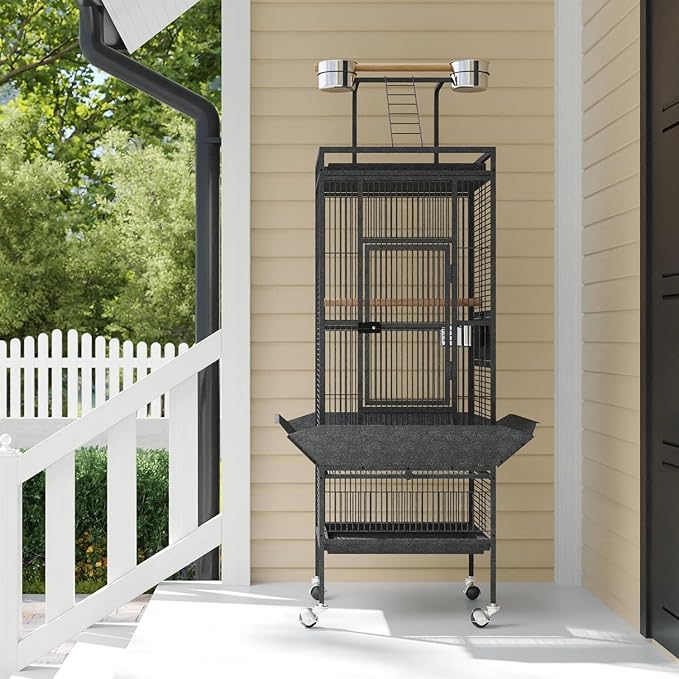 61 Inch Large Bird Cage Rolling Wrought Iron Parrot Cage with Play Top & Bowls for Mid-Sized Parrots Cockatiels Conures Parakeets Lovebirds Budgie Finch Dark Grey