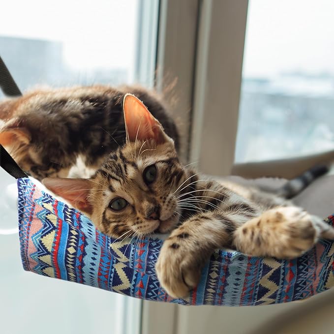 Jetec 2 Pack Cat Hammock for Cage, Catio Accessories Reversible Soft Cats Bed with Adjustable Straps and Hooks Double-Sided Linen and Fleece Hanging Hammock for Cats, Kitten(Ethnic Pattern,L)