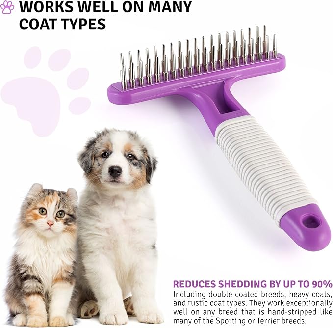 POODLIE Poodle Pet Dog Grooming Rake| Dematting Tool with Stainless Steel Shedding Comb for Pets | 2 Rows of Pins Gently Remove Loose or Tangled Hair from Undercoat | Purple Handle