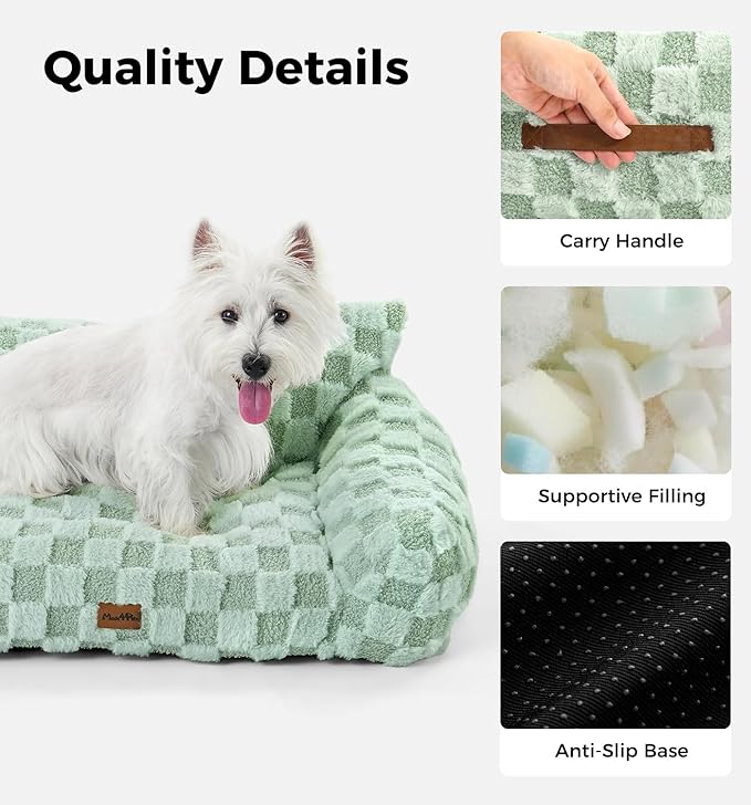 Made4Pets Dog Couch Bed, Soft Faux Fur Checkered Indoor Pet Sofa, Comfortable Fluffy Dog Sofa with Supportive Foam, Removable Washable Cover with Non-Slip Base, Sage Green, Large