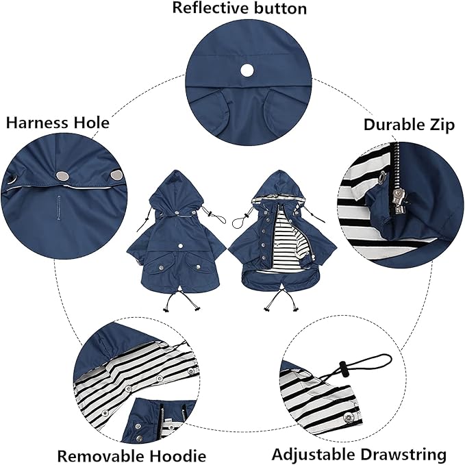 Dog Zip Up Raincoat with Reflective Buttons, Rain/Water Resistant, Adjustable Drawstring, Removable Hood, Raincoats with Legs 8lbs to 80lbs Available - Dark Blue - Small