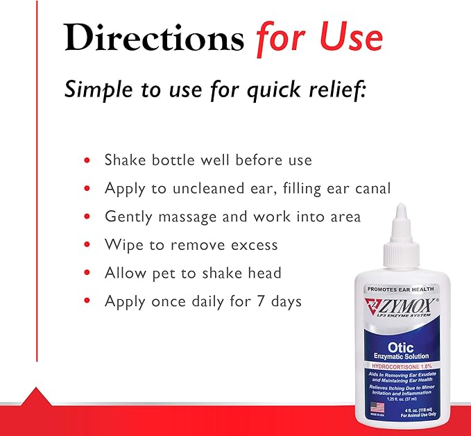 ZUMOX Otic Enzymatic Solution for Dogs and Cats to Soothe Ear Infections with 1% Hydrocortisone for Itch Relief, 4oz