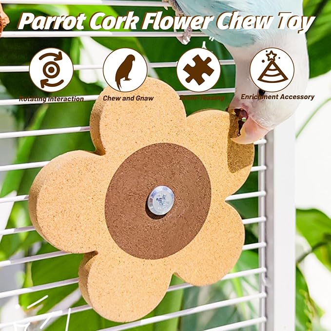 4 Pieces Bird Chew Toy, Natural Parrot Cork Foraging Training Toys for Relieve Boredom & Anxiety, Parrot Rotating Cork Chew Toy for Macaws, Conures, Budgies, Finches, Cockatiel