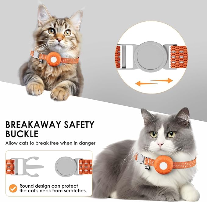 GPS Tracker for Cats, Cat Tracker Collar with Safety Elastic Buckle, Compatible with Apple Find My App (Only iOS), No Monthly Fee, Waterproof (White Tracker, Orange Cat Collar)
