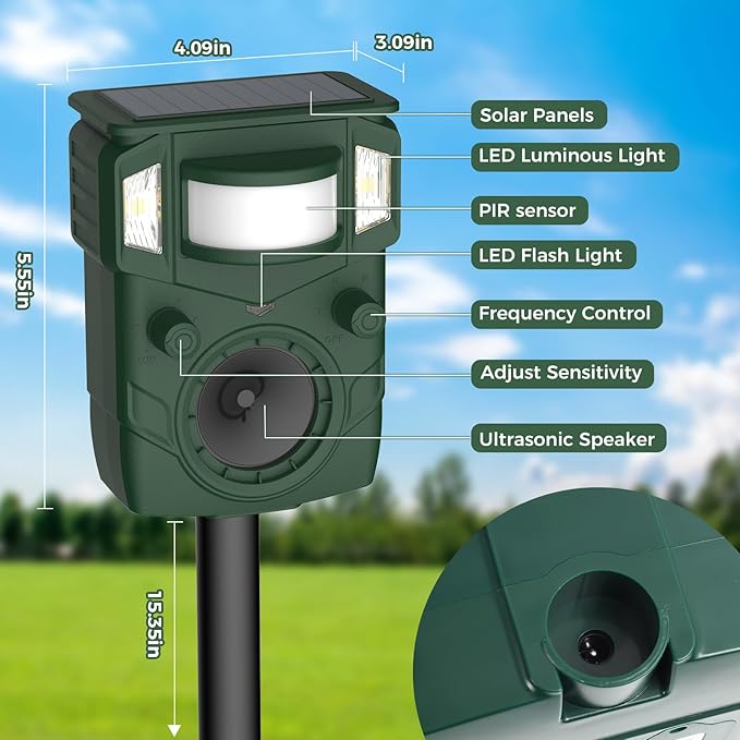 Solar Ultrasonic Animal Repellent, Multi-Modes Deer Repellent Devices,Cat Deterrent Outdoor, Squirrel Raccoon Dog Deterrent with Motion Sensor & Ultrasonic Waves for Garden Yard 1PC Green