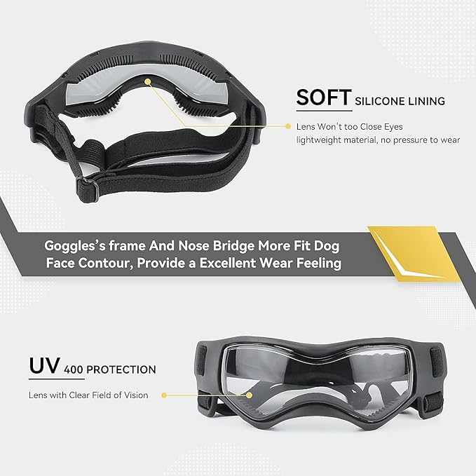 NAMSAN Dog Goggles Small Breeds, UV Protection Pet Sunglasses for Puppy, Windproof Dust-Proof, Adjustable Elastic Straps, Outdoor Driving Driving Cycling Small Dog Eye Protection, Black