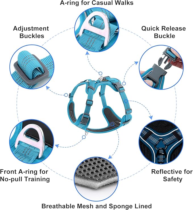 Plutus Pet No Pull Dog Harness, Release at Neck, Soft Padded, Reflective Adjustable Dog Vest Harness for Small, Medium, Large Dogs(Light Blue, XS)