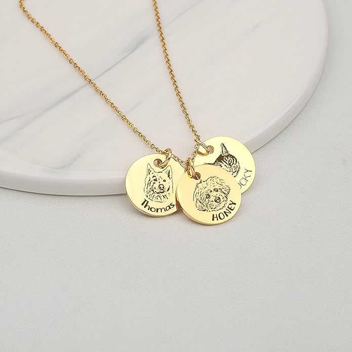 Anavia Personalized Pet Portrait Necklace, Handmade Memorial Jewelry Gift, Custom Round Disc Photo Engraved Necklace for Animal Lovers, Dog Mom, Dog Dad