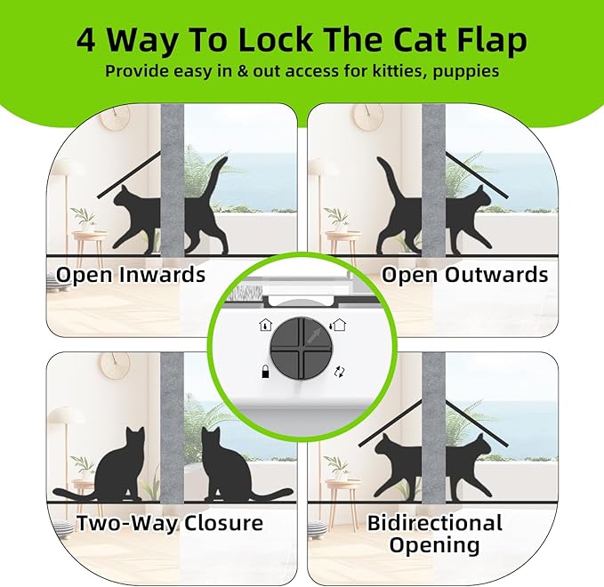 Cat Door for Window, Aluminum Cat Door Window Insert with 4 Secure Lock Modes, Magnectic Closure for Cats, Fit Window Width 24"-28", White