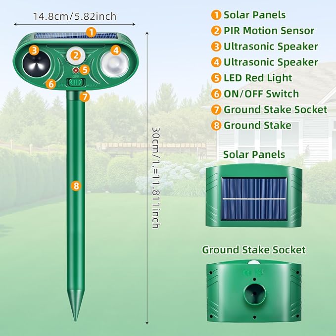 2026 Solar Animal Repellent Outdoor&Cat Repellent Outdoor Squirrel Deer Repellent Devices Coyote Raccoon Rabbit Fox Deterrents with Motion Sensor & LED Waterproof Cat Deterrent for Garden Yard 2 Pack