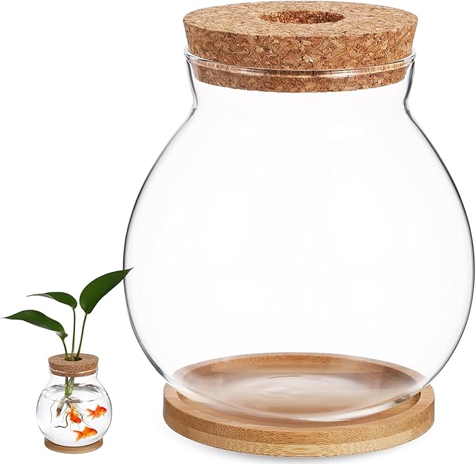 Milisten Desktop Fish Tank Small Glass Bowl with Wood Lid and Bamboo Cushion Hydroponic Plant Terrarium Betta Fish Aquarium for Home Office Decoration