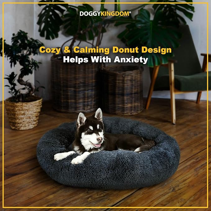 Calming Round Donut Dog Bed Pillow, Washable, Anti Anxiety, Anti-Slip, Cozy Soft Cuddler Comfort Bed with Fluffy Plush Faux Fur for Large Medium Small Sized Dog - Dark Gray, L 35 inch