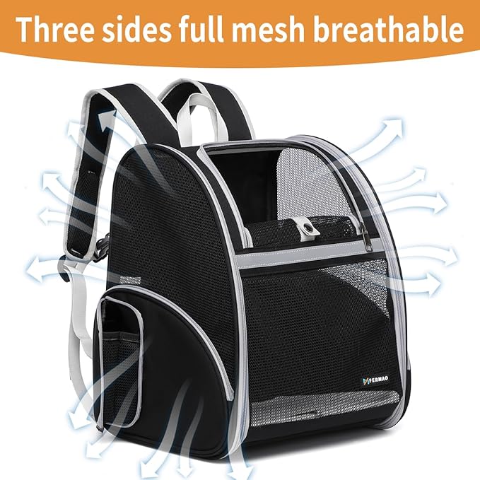 Cat Backpack Carrier for Small Dogs and Medium cat Puppy Kitten Bunny Pet Carrier Backpack Collapsible with Fully Ventilated Mesh with Safety Leash (Black, 12.9" L x 10.62" W x 15.5" H - M)