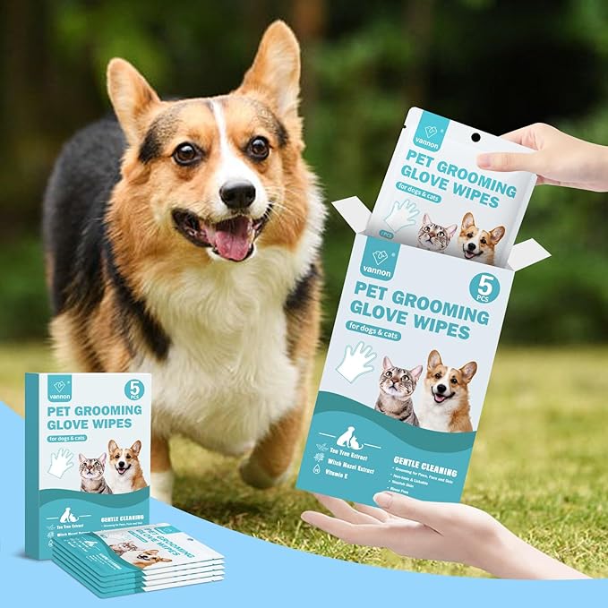 Vannon Portable Pet Bathing Wipes for Dogs & Cats, Cleaning & Odor-Controlling Extra Thick Grooming Glove Wipes for Daily Care and Traveling, Rinse Free, Nourish Fur, Individually Packaged, 15 PCS