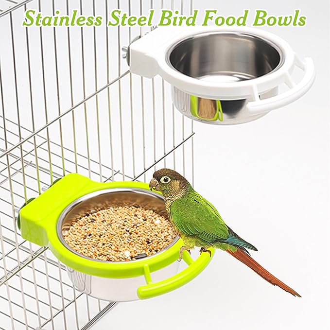 BNOSDM 2 PCS Stainless Steel Bird Bowls Bird Feeding Dish Water Cups Perch Stand Hanging Parakeet Food Container Food and Water Bowls with Spoon for Budgie Cockatoo Finch Lovebirds (Green)