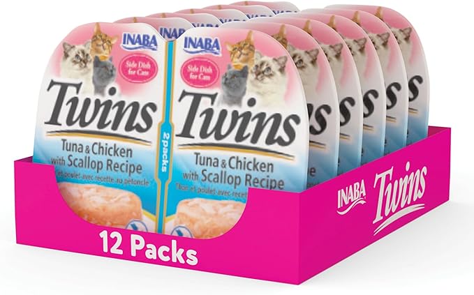 INABA Twins for Cats, Grain-Free Shredded Chicken & Broth Gelée Side Dish/Complement/Topper Cups, 1.23 Ounces per Serving, 14.76 Ounces Total (12 Servings), Tuna & Chicken with Scallop Recipe