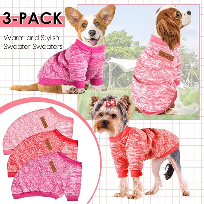 3 Pack Dog Sweaters for Small Dogs Girl Boy Winter Fleece Clothes Warm Soft Dog Sweatshirt Outfit for Dogs Cats Pet Apparel (Rose+Red+Pink, Small)
