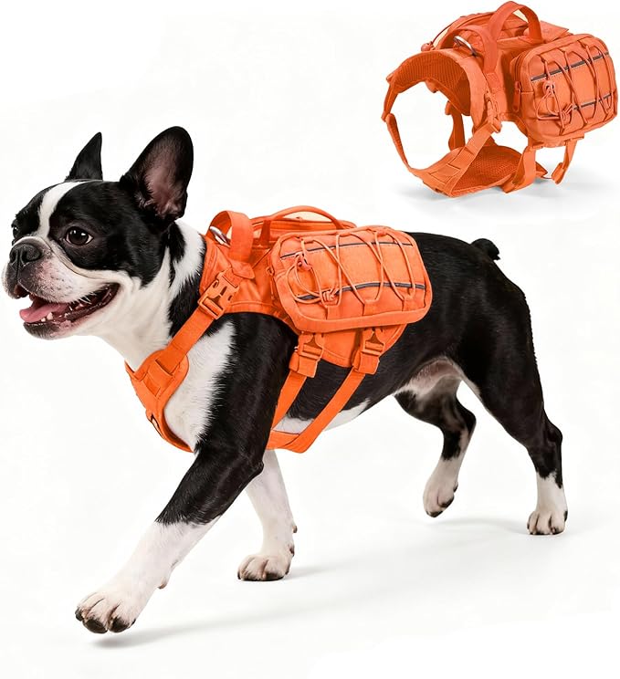 Small Dog Harness Backpack, No Pull Adjustable Dog Vest with Handle & Leash Ring, Lightweight Dog Backpack with Side Pockets for Walking, Training & Day Hikes, Orange, S