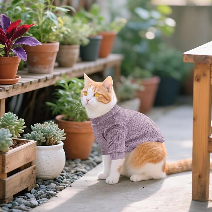 Idepet Sphynx Hairless Cats Sweater Shirt Kitten Soft Puppy Clothes Pullover Cute Cat Pajamas Jumpsuit Cotton Apparel Pet Winter Turtleneck for Cats and Teacup Chihuahua Small Dogs(Purple,XS)