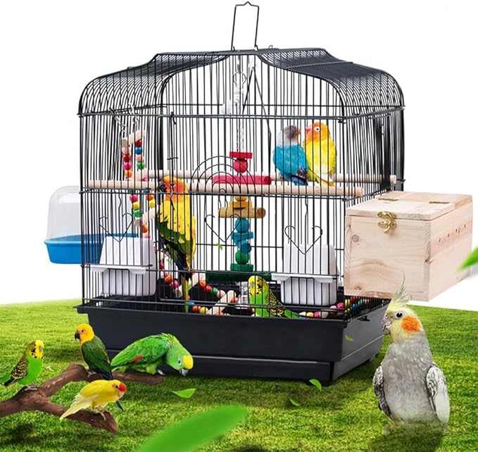 Portable Bird Travel Cage, Metal Carrier Flight Bird Cage with Food Container, Wooden Perch & Pull-Out Tray for Parrots, Canaries, Cockatiels, Lovebirds, Conures Black
