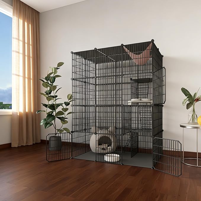 Large 4-Tier Cat Cage Indoor, DIY Cat Enclosures Detachable Metal Wire, Indoor Cat Crate Exercise Place Ideal for Kitty, Small Animals (Black, 41" L x 28" W x 55" H, 7)