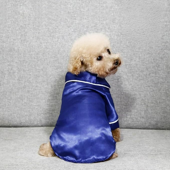 Cat Puppy Costume Elegant Satin Pajamas with Bow Headband 2PCs Set Pet Sleepwear Cute Pet Outfit Cosplay Partywear Photoshoots (Blue Set,X-Large)