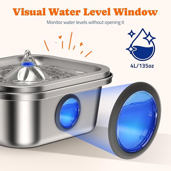 Cat Water Fountain Stainless Steel, 4L/135oz Cat Fountain, Automatic Dog Drinking Dispenser with Water Level Window, 6 Filters, Metal Pet Water Bowl Indoor, Quiet Pump, Easy Cleaning