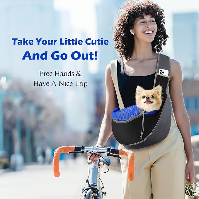 Pawaboo Dog Sling Carrier, Hand Free Breathable Mesh Bag for Puppy Cat, Drawstring Dog Papoose with Adjustable Strap and Pocket, Crossbody Satchel Dogs Purse for Outdoor Travel, M, Indigo