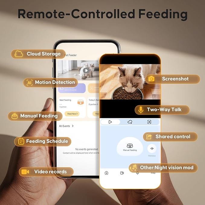 Automatic Cat Feeder with Camera,WiFi Cat Food Dispenser with App Control,1080P HD Video,Two-Way Audio, Transparent 4.2L Food Container (Black)
