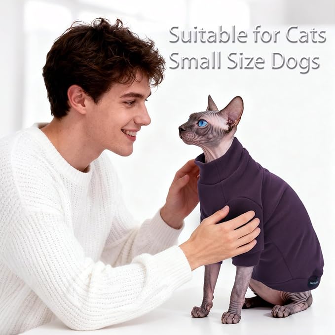 Fleece Sphynx Cat Clothes Soft Hairless Cat Clothes Pullover Cat Sweater for Chihuahua All Season Light and Warm Kitten Cloth Only Puppy Clothes Small Dog Sweater (Dark Purple, S)