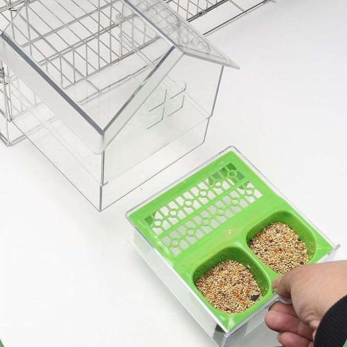 Pull-Out External Parrot Feeder, Clear Hanging Bird Feeder House, No Mess Bird Feeders for Cage, Birds Feeding & Watering Supplies for Parakeet Canary Cockatiel Finch (White)