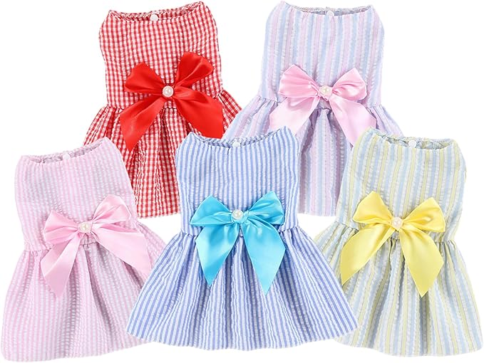 TAPBULL Dog Dresses, Fashionable Pet Dog Clothes, Cute Cat Birthday Dress Outfit (Blue/Red/Pink/Pink-Blue/Yellow-Blue 5-Pack), Small