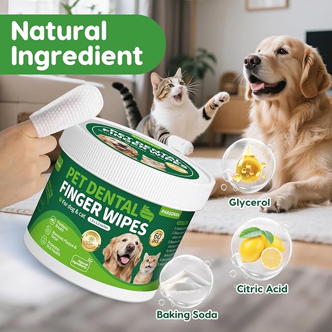 Dog Dental Care Wipes - 60Ct Tooth Brushing kit, Heavy Duty Teeth Cleaning for Dogs & Cats, Remove Tartar & Plaque, Dog Breath Freshener, Dog Toothbrush & Toothpaste Alternatives