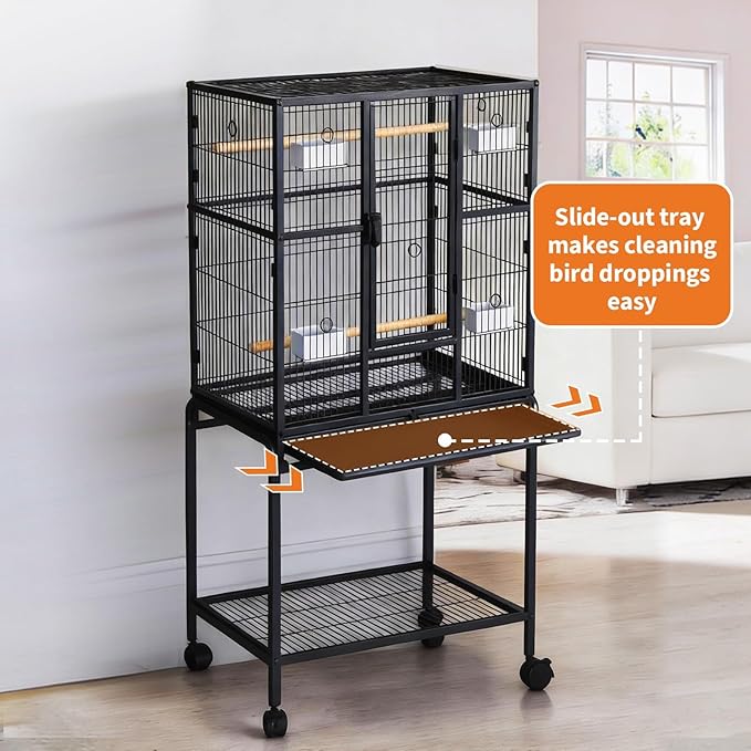 Wide Large Bird Cage with Rolling Stand and Storage – 54" Tall Parrot Cage for Parakeets, Cockatiels, Conures, Cockatoos – Black Flight Cage with Feed Bowls – Ideal for Medium-Large Birds