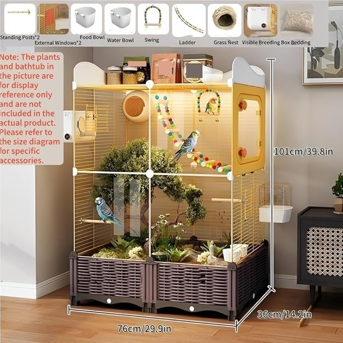 Parakeet Cage with Clear Front, Decorative Flight Birdcage with Accessories, Bird Cage for Cockatiels, Budgies, Finches, Canaries(Yellow)