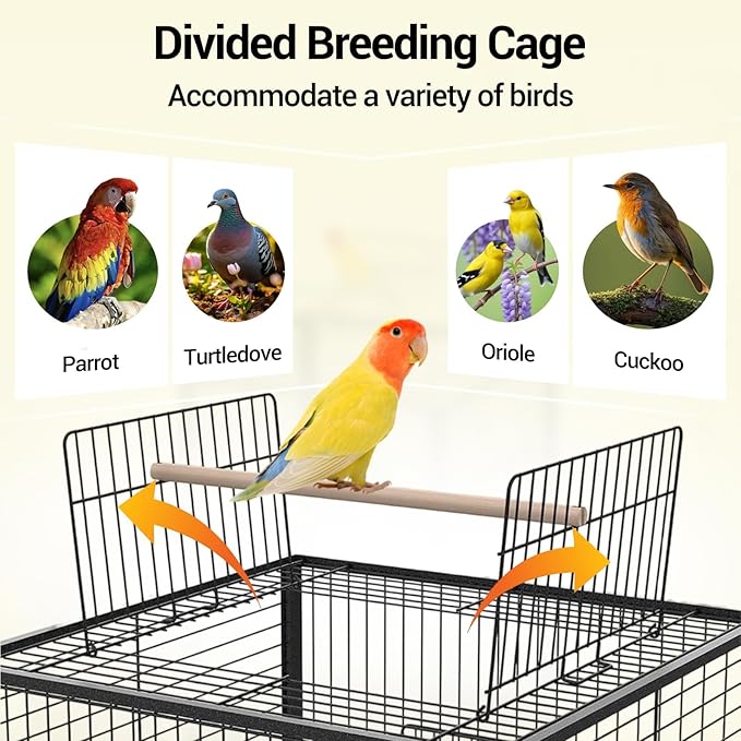 63 Inch Bird Flight Cage, Standing Wrought Iron Bird Cage with Rolling Stand, Wheels, Perches and Bird Feeder, Large Parrot Cage for Cockatiels, African Grey, Parakeets, Conures, Budgies, Lovebirds