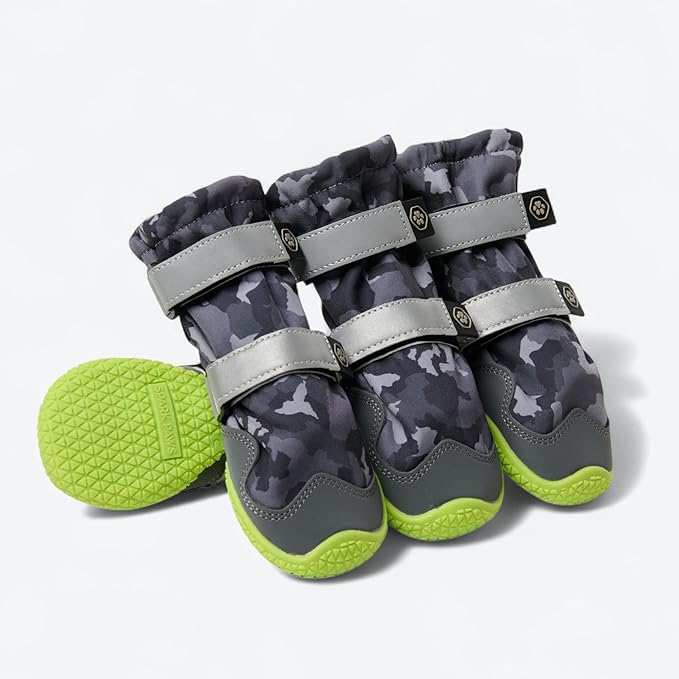 Spark Paws Dog Shoes, Waterproof Dog Boots for Medium to Large Dogs, Non Slip, Breathable Dog Booties and Paw Protectors - 4PCS Doggie Hiking Boots with Reflective Straps, Gray Camo, Size 4