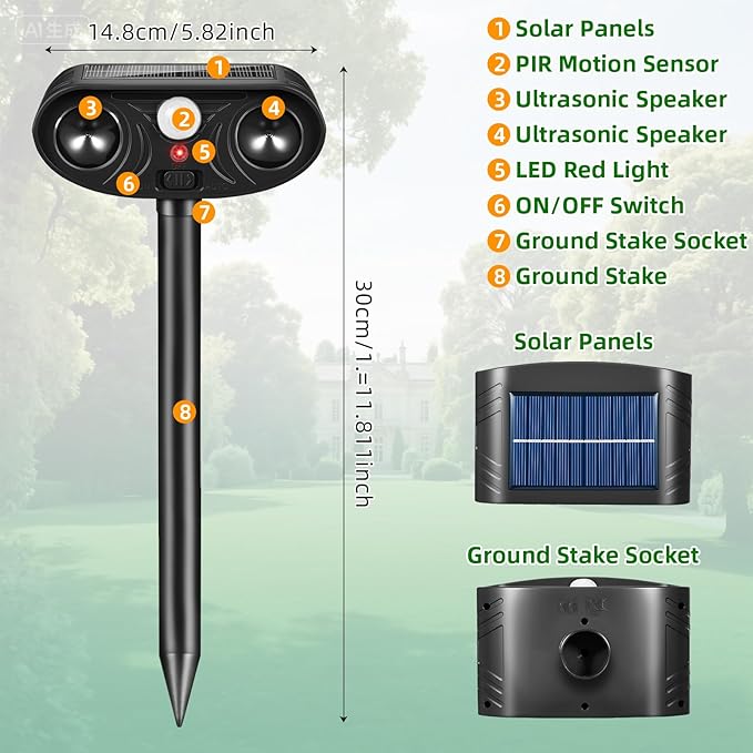 2026 Solar Ultrasonic Racoon Fortress Pro, Deer Cat Repellent Devices Animal Repeller Squirrel Rabbit Deterrent Outdoor with Motion Sensor to Scare Dog Skunk Out of Garden Yard(4Pack)