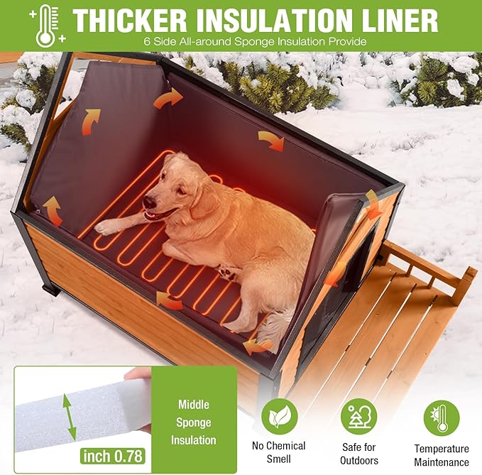 GUTINNEEN Large Heated Dog House Outdoor Insulated Weatherproof Dog Kennel with Heated Pad, Insulated All-Round Thermal Liner, Chew-Proof Strong Iron Frame Dog House for Dogs (Winter-Ready)