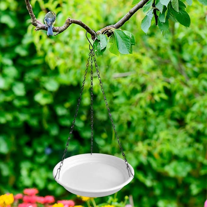 Hanging Bird Feeder and Waterer Tray Bird Food Tray Outdoor Birdbath Hanging Backyard Birdbath for Garden Balcony Trees Lawn, White