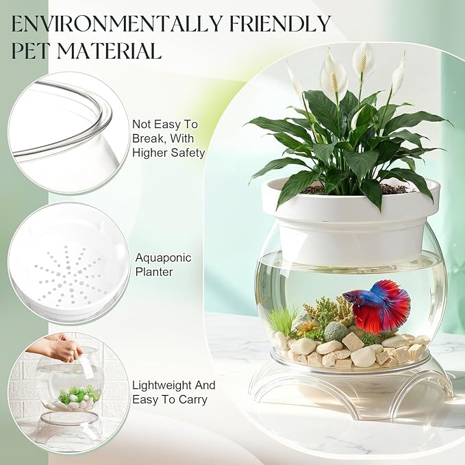 Geelin 5 Gallon Plastic Aquaponic Betta Fish Tank Aquaponic with Base and Top, Large Bowl Shatterproof Ecosystem Aquarium with Clear Clarity for Terrarium, Flower Vase Betta Fish Centerpiece Gifts