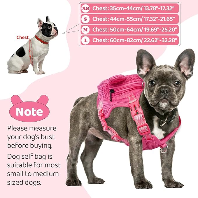 Dog Harness with Backpack, Adjustable Dog Backpack Harness for Small Medium Dogs, No-Pull Breathable Backpacks for Dogs to Wear, for Traveling, Hiking, Camping, Training, Pink S