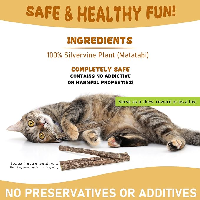 Silvervine Sticks for Cats, Natural Catnip Matatabi Chew Sticks Teeth Molar Chew Toys for Cat Kitten Kitty (at Least 12 PCS)