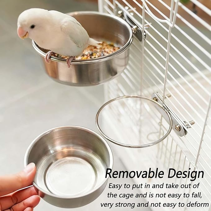 2 Pcs Stainless Steel Bird Food Water Bowls, Parrot Feeding Dish Cups with Clamp Holder Bird Ball Toys for Chinchilla, Cockatiel, Conure, Budgies, Parakeet, Lovebird, Small Animals (Small+Medium)