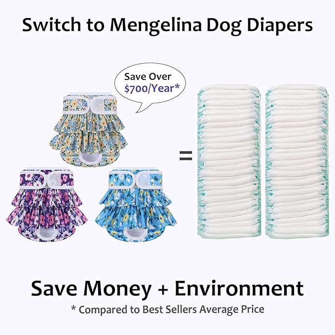Reusable Dog Diapers Female 3 Pack Washable Highly Absorbent Doggy Diapers Female, Flexible Doggie Diapers, Leak-Proof Durable Puppy Diapers for Dog Period Heat Incontinence Potty Training, XS